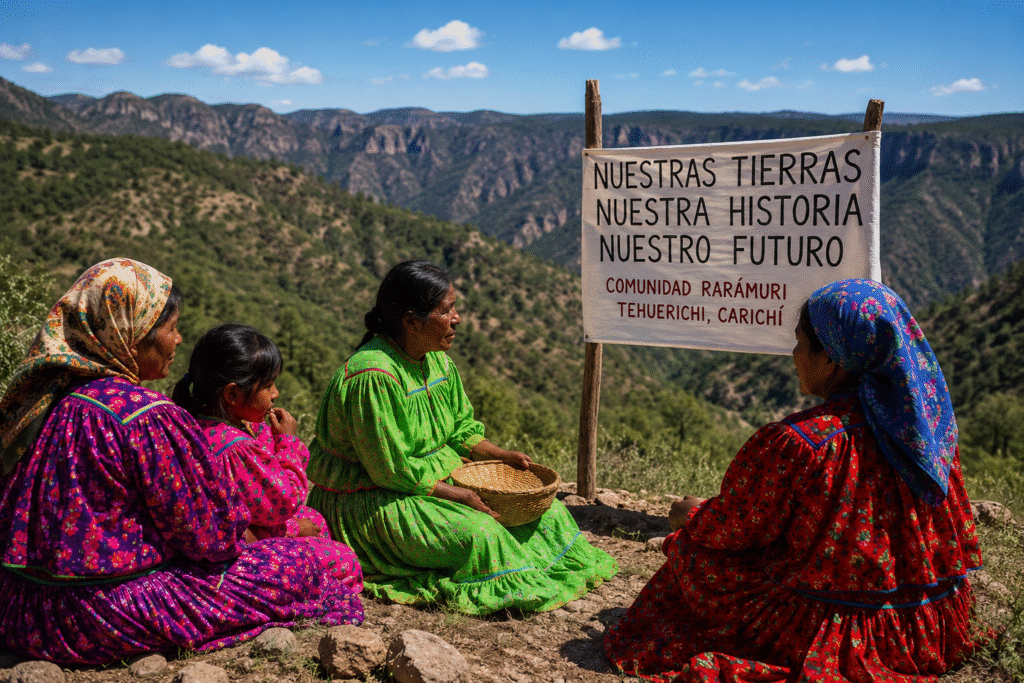 Integrantes de la comunidad rarámuri de Tehuerichi en Chihuahua tras avance histórico en defensa de sus tierras.