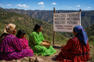 Integrantes de la comunidad rarámuri de Tehuerichi en Chihuahua tras avance histórico en defensa de sus tierras.